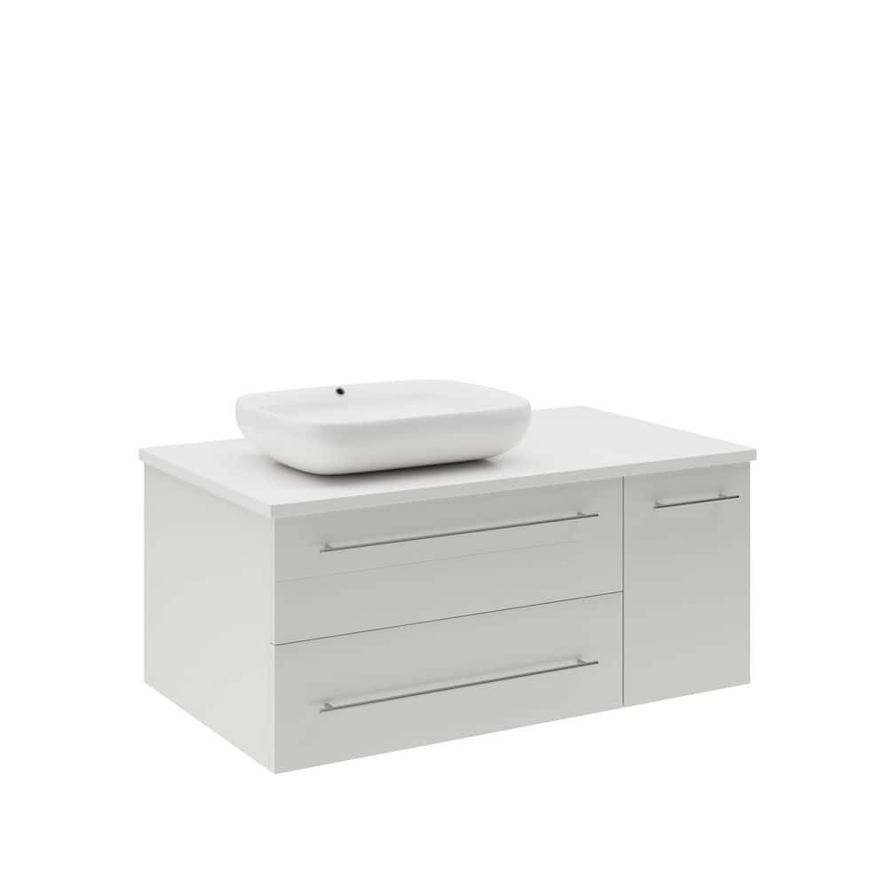 Lucera 36" White Quartz Stone Wall-Mount Vanity with Vessel Sink