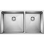 Quatrus Undermount Stainless Steel 33 in. x 18 in. 55/45 Double Bowl Kitchen Sink in Satin