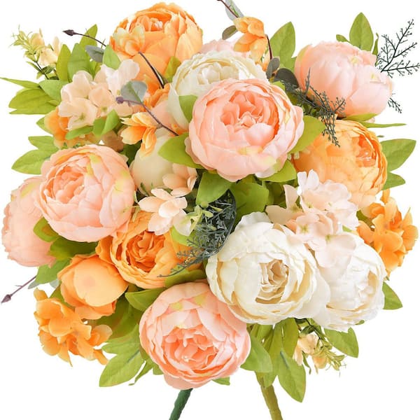 Two 19.7 in. Indoor Garden-Style Bouquets of Orange Artificial Peonies, with Hydrangea Flowers