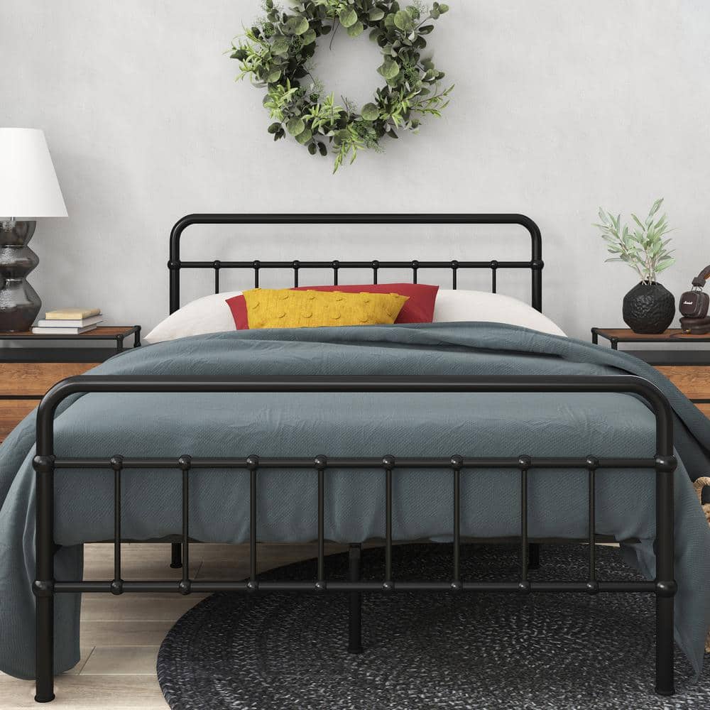 Florence Black Metal Twin Platform Bed Frame with Spindle Headboard