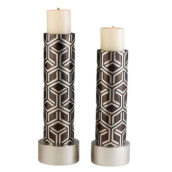 Set Of Two Espresso and Silver Pillar Tabletop Pillar Candle Holders Set Of Two Espresso and Silver Pillar Tabletop Pillar Candle Holders