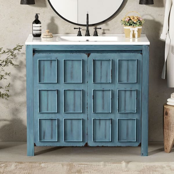 36 in. Single Sink Freestanding Blue Bath Vanity with White Resin Top, Adjustable Shelves, Invisible Handle