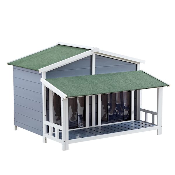 Tunearary Blue and Green Log Style Pine Waterproof Dog House with Porch, Storm Curtains and 2-Doors