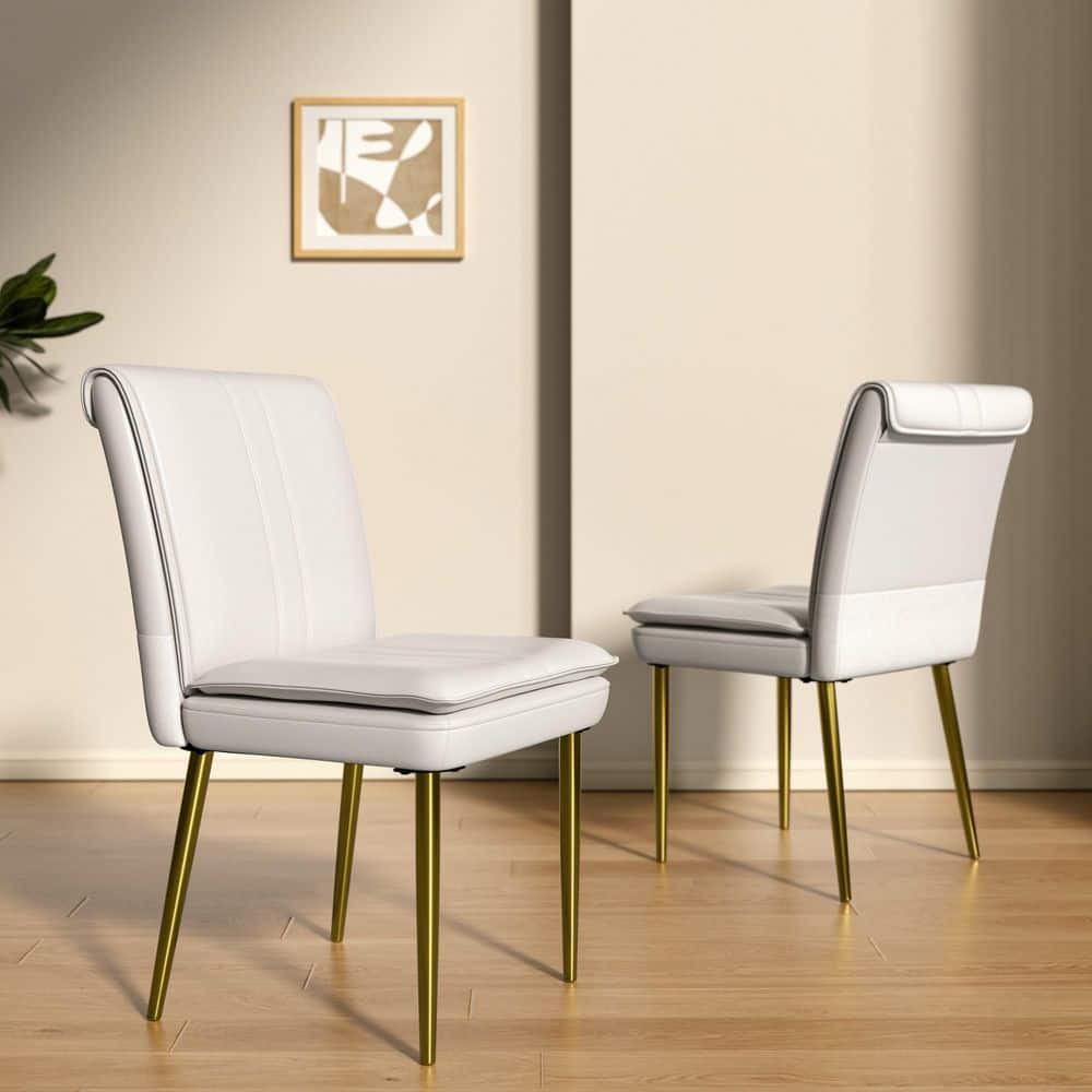 Upholstered Dining Chairs (Set of 2), Faux Leather Kitchen Chairs with Metal Legs, Modern White Dining Room Side Chairs