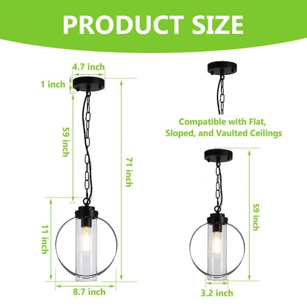 1 Light Black Round Pendant Light with Cylinder Glass Shade, No Bulbs Included