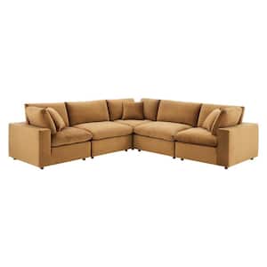 Commix 119 in. Cognac Down Filled Performance Velvet 5-Piece 5 Seat Sectional Sofa