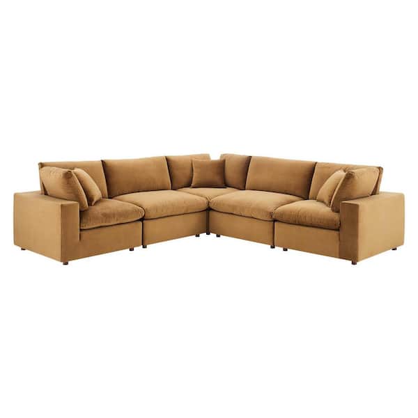 MODWAY Commix 119 in. Cognac Down Filled Performance Velvet 5-Piece 5 Seat Sectional Sofa