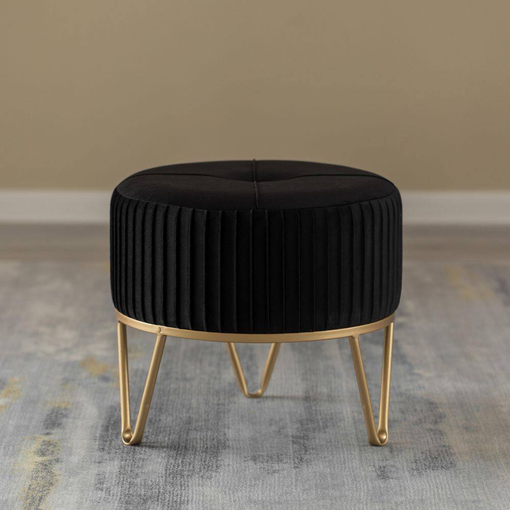 Black Velvet Round Ottoman with Gold Hairpin Base