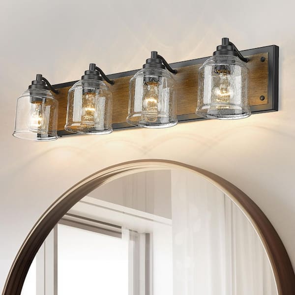 Farmhouse 31.5 in. 4-Light Black and Dark Wood Grain Metal Modern Bathroom Vanity Light with Clear Seeded Glass Shades
