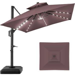 10 ft. Solar LED 2-Tier Square Cantilever Patio Umbrella with Base Included in Deep Taupe