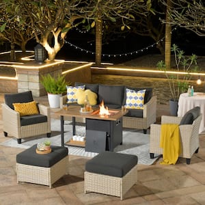 Oconee 6-Piece Wicker Modern Outdoor Patio Conversation Sofa Seating Set with a Storage Fire Pit and Black Cushions