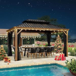 10 ft. x 14 ft. Wood Grain Patio Outdoor Gazebo for Backyard Hardtop Aluminum Frame with Hooks,Netting,Curtain 24-Lights