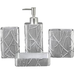 Dyiom Bathroom Accessories Set(4 Pcs) -Lotion Soap Dispenser and 2 Cotton Swab Holder Toothbrush Holder-Rustic Farmhouse Decor, Silver