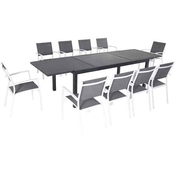Hanover Naples 11-Piece Aluminum Outdoor Dining Set with 10 Sling Chairs and a 40 in. x 118 in. Expandable Dining Table