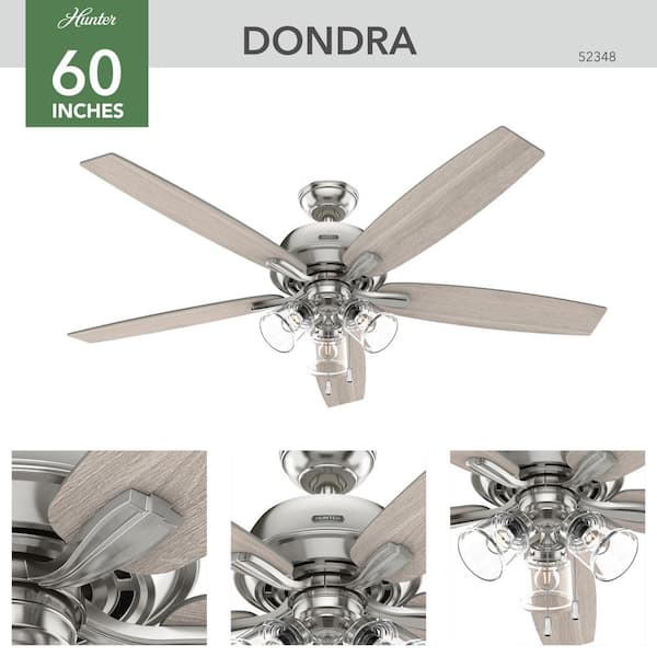 Hunter - Dondra 60 in. Indoor Brushed Nickel Ceiling Fan with Light Kit Included