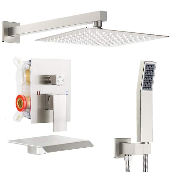 AKLFGN Single Handle 3-Spray Shower Faucet Square 10 in. 2.2 GPM with High Pressure with Storage Rack in. Brushed Nickel
