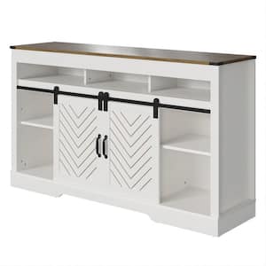 58 in. Farmhouse Double-Door 3-Layer White and Walnut TV Stand Fits TVs Up to 60 in. TV Cabinet