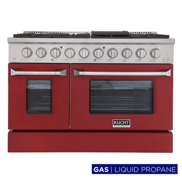 Pro-Style 48 in. 6.7 cu. ft. Double Oven Liquid Propane Range with 8 Burners in Stainless Steel and Red Oven Doors