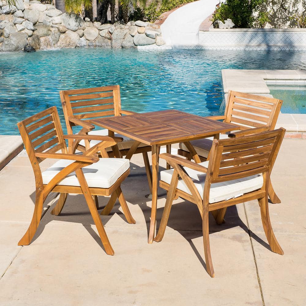 Hermosa 5-Piece Teak Finish Acacia Wood Patio Dining Set with Cushions