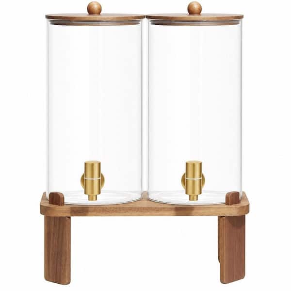 2-Pack 1.5 Gal. Water Drink Dispensers with Stainless Steel Spigot , Glass Beverage Serveware Dispenser with Wood Stand