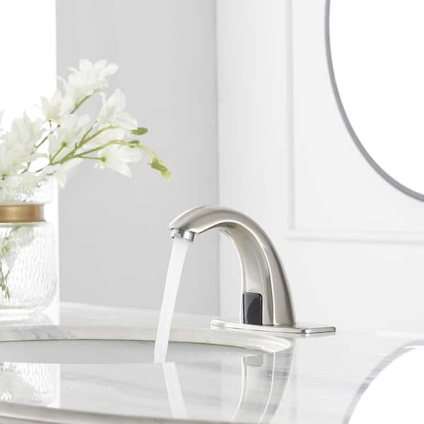 Automatic Sensor Touchless Single Hole Bathroom Sink Faucet with Deck Plate and Pop-Up Drain in Brushed Nickel
