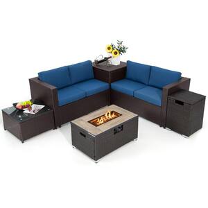 6 Piece Patio Sofa & Fire Table Set Outdoor Wicker Rattan Sectional Sofa Set w/Storage Box Navy