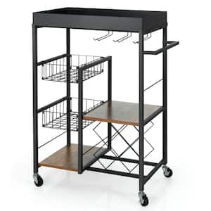 26 1/2 in. W x 16 in. D x 36 in. H Brown Metal Rolling Kitchen Cart Trolley Bar Serving Cart Glass Holder and Wine Rack