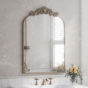 24 in. W x 38 in. H Arched Bronze Metal Framed with Carved Decoration Wall Mirror Vanity Mirror