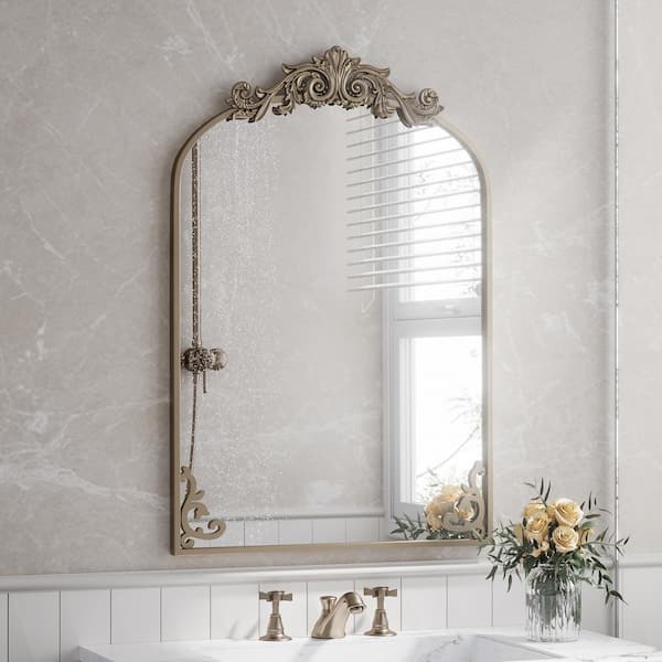 GLSLAND 26 in. W x 41 in. H Arched Bronze Metal Framed with Carved Decoration Wall Mirror Bathroom Vanity Mirror