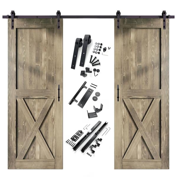 HOMACER 42 in. x 96 in. X-Frame Classic Gray Double Pine Wood Interior Sliding Barn Door with Hardware Kit, Non-Bypass