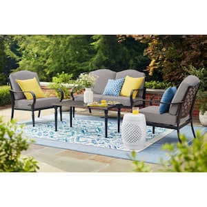 Laurel Oaks 4-Piece Black Steel Outdoor Patio Conversation Seating Set with CushionGuard Stone Gray Cushions