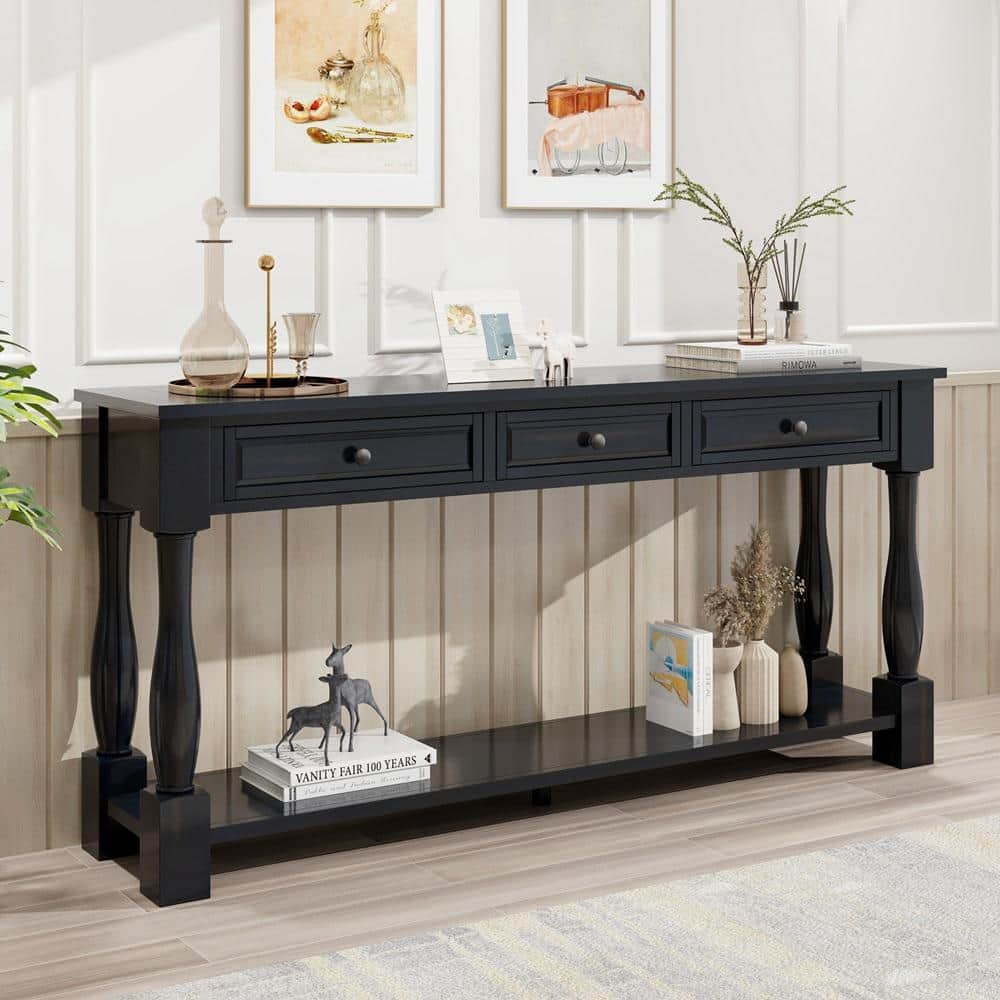 Nestfair 63 in. Espresso Rectangle Wood Long Console Table with Drawers ...