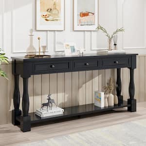 63 in. Espresso Rectangle Wood Long Console Table with Drawers and Shelf