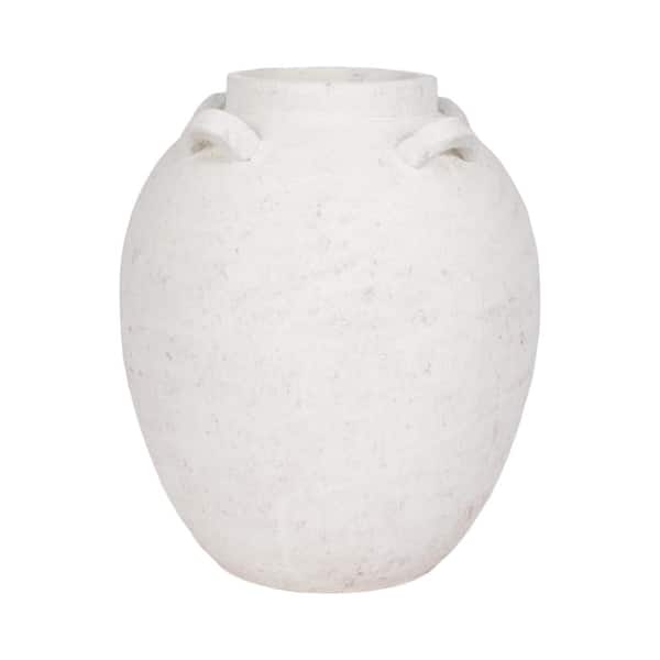 15 in. White Terra Cotta Round Multi Handle Decorative Vase