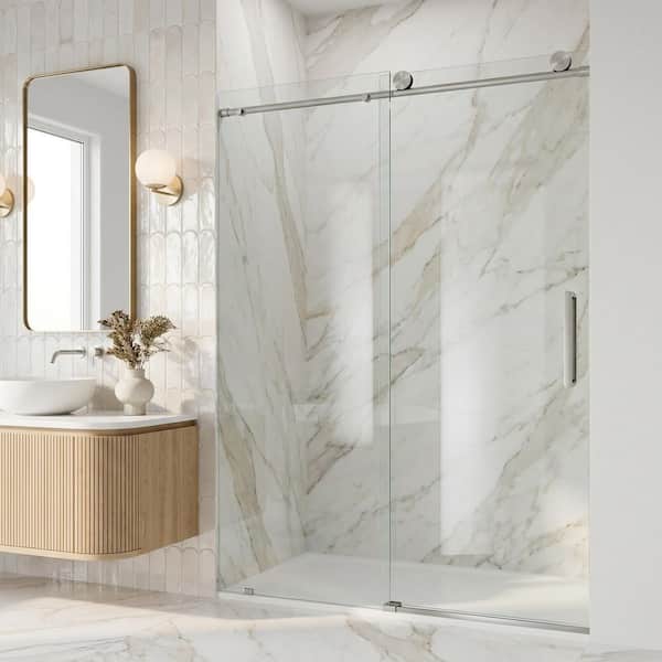 Elan 56 to 60 in. W x 76 in. H Frameless Sliding Shower Door VMotion in Stainless Steel Clear Glass