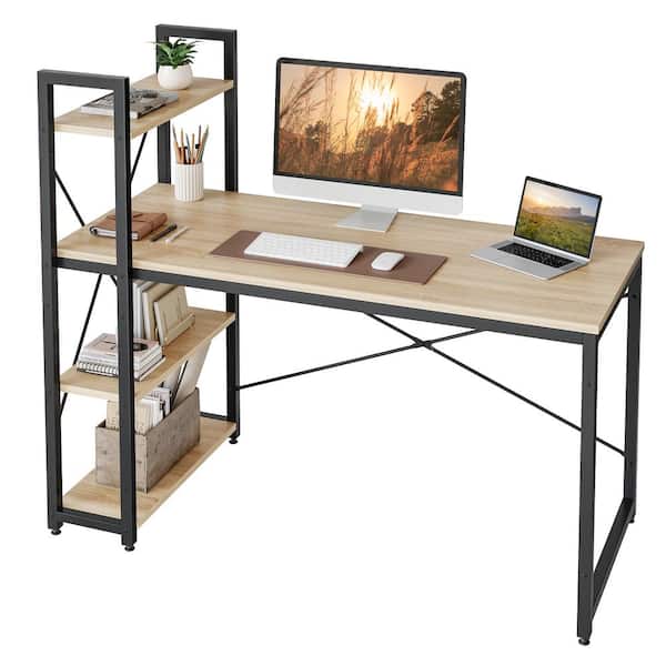 Bestier 55.51 in. Light Oak Computer Desk with Shelves