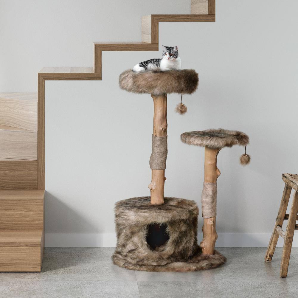 Alba 43" Brown and Gray Wooden Cat Tree with Plush Perches