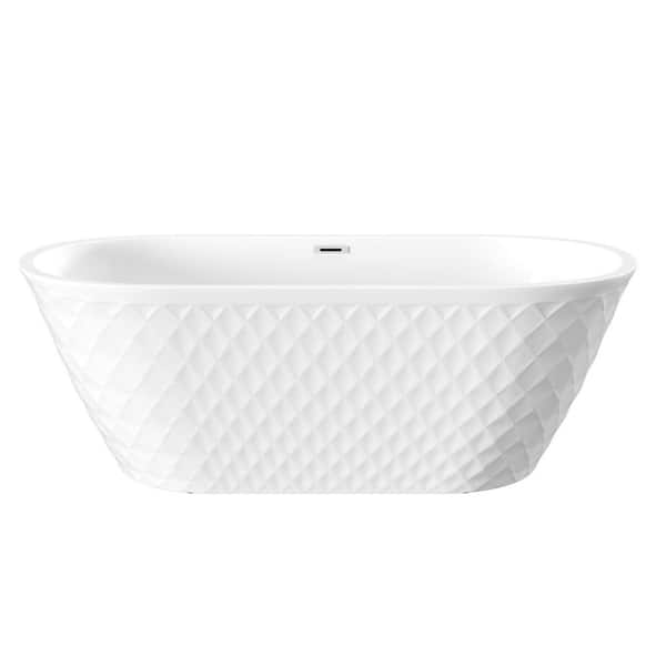 67 in. x 30 in. Oval Acylic Flatbottom Freestanding Soaking Bathtub with Center Drain in Gloss White