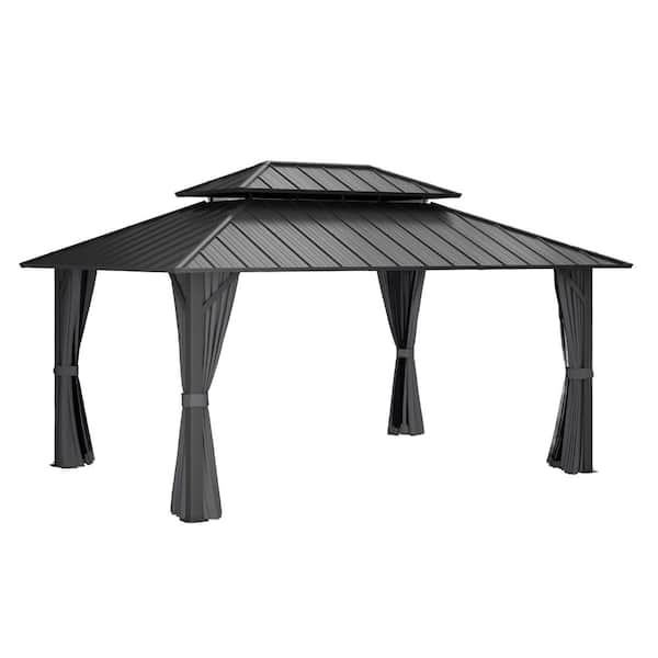 12 ft. x 16 ft. Gray Metal Double-Roof Hardtop Patio Gazebo with Integrated Netting and Adjustable Curtains