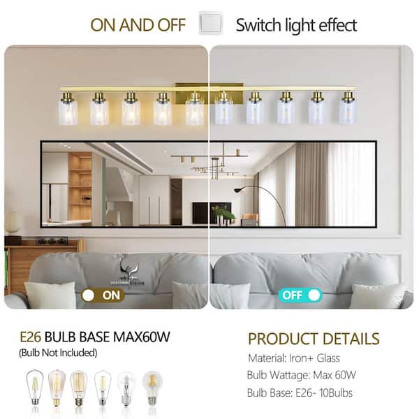 65.35 in. 10-Lights Gold LED Vanity Light Bar Modern Wall Sconce Lamp with Crystal Shade for Bathroom and Mirror