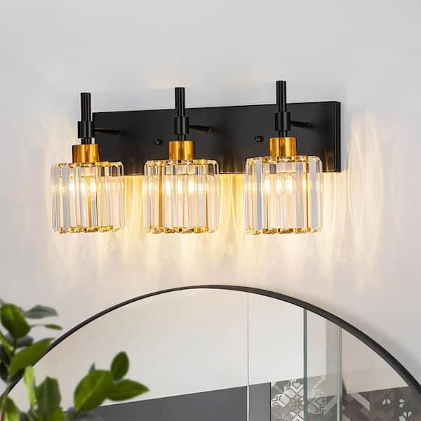 LLHZSY Schonbek 19.3 in. 3-Lights Black Gold Dimmable Modern Bathroom Vanity Light with Crystal Shades