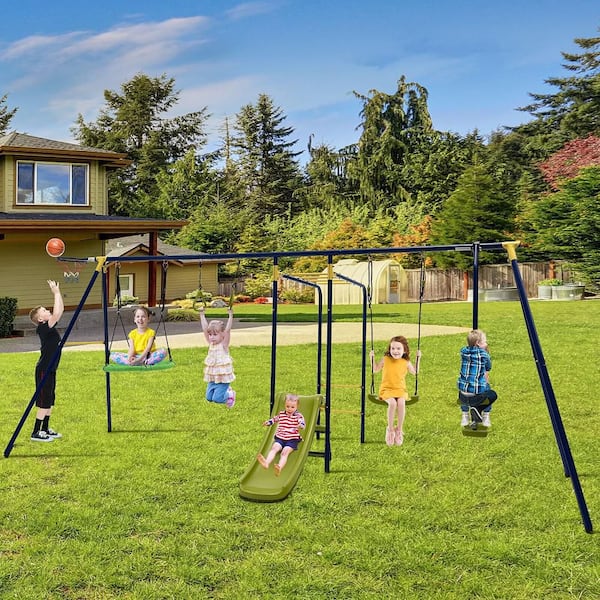 Gymax 660 lbs. Kids Metal Swing Set for Backyard 7-in-1