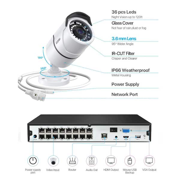 初回限定お試し価格】 ZOSI 16CH 4K PoE Security Cameras System,12pcs H.265 Outdoor IP  with Audio,Color Night Vision,Human Detection,Smart Light Alarm,16 Chan 
