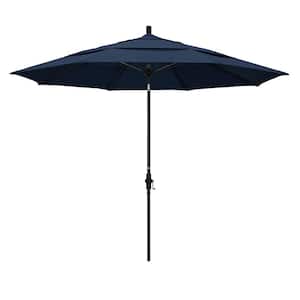 11 ft. Matted Black Aluminum Market Patio Umbrella with Collar Tilt Crank Lift in Spectrum Indigo Sunbrella
