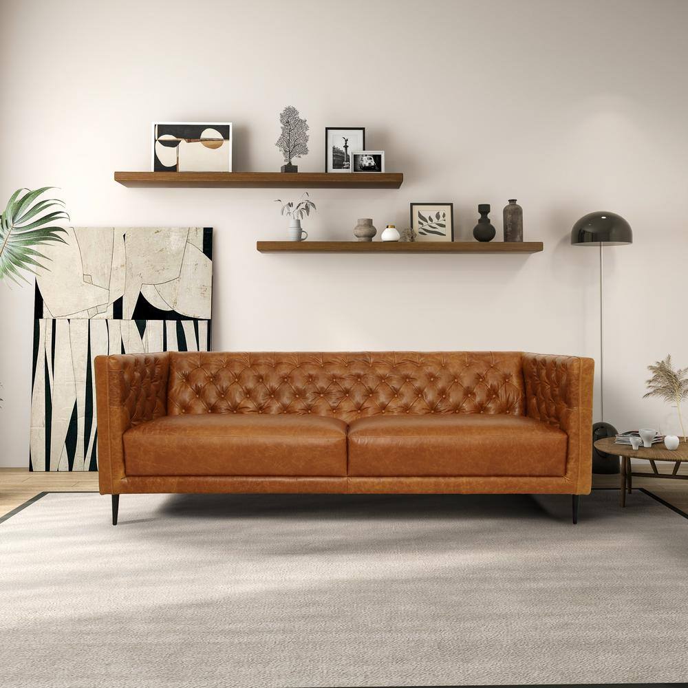 Cognac Tan Tufted Leather Mid-Century Modern Sofa