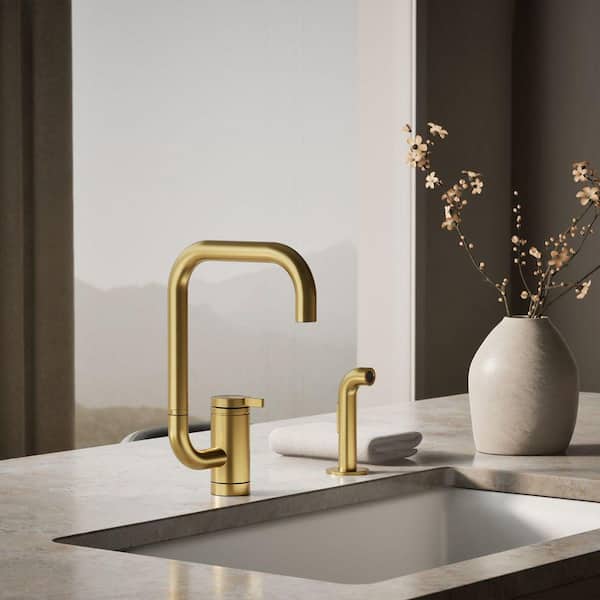Components 1 Handle Deck Mount Standard Kitchen Faucet in Vibrant Brushed Moderne Brass