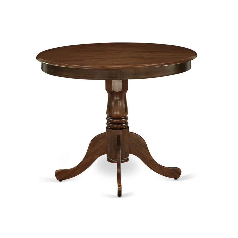 Mahogany Round Pedestal Dining Table with 2 Light Tan Linen Chairs