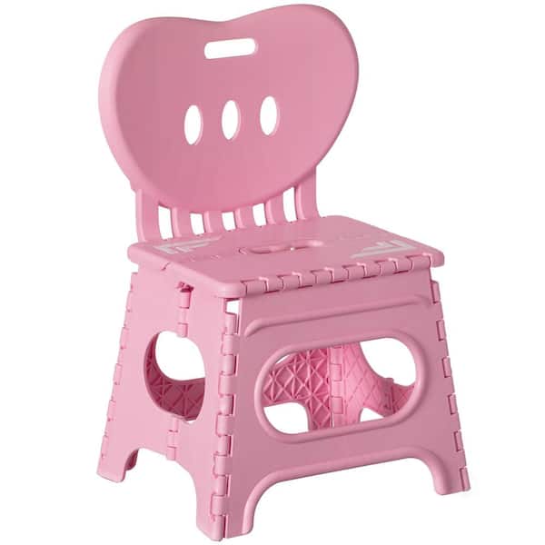 Basicwise Plastic Foldable Step Stool with Back Support, Kids Stepping Stool and Bathroom Stool, Collapsible Step Stool, Pink