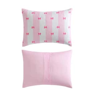 Bow Stripe 8-Piece White/Pink Microfiber King Comforter Set