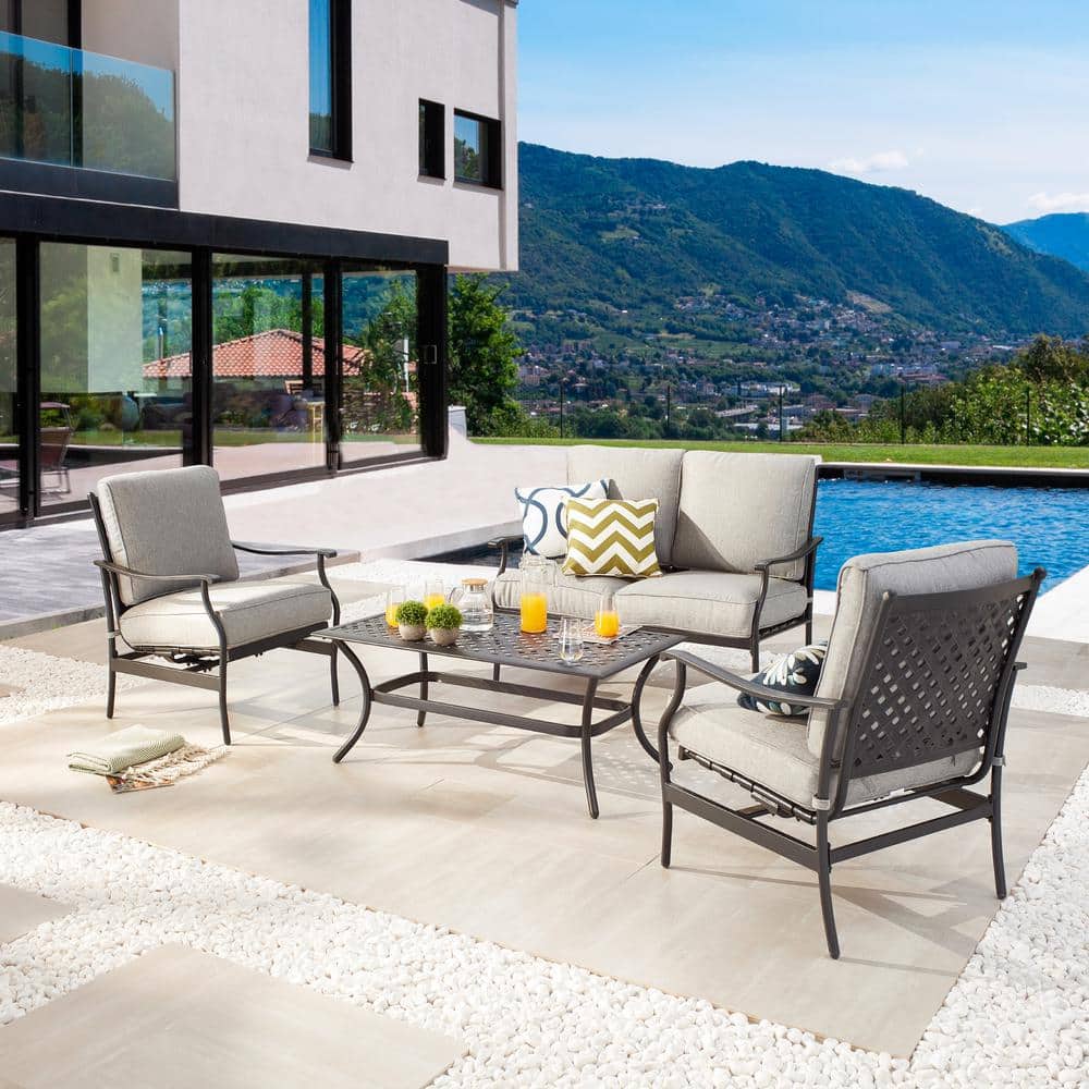 Patio Festival 4Piece Metal Patio Conversation Set with Gray Cushions PF1910420080G The